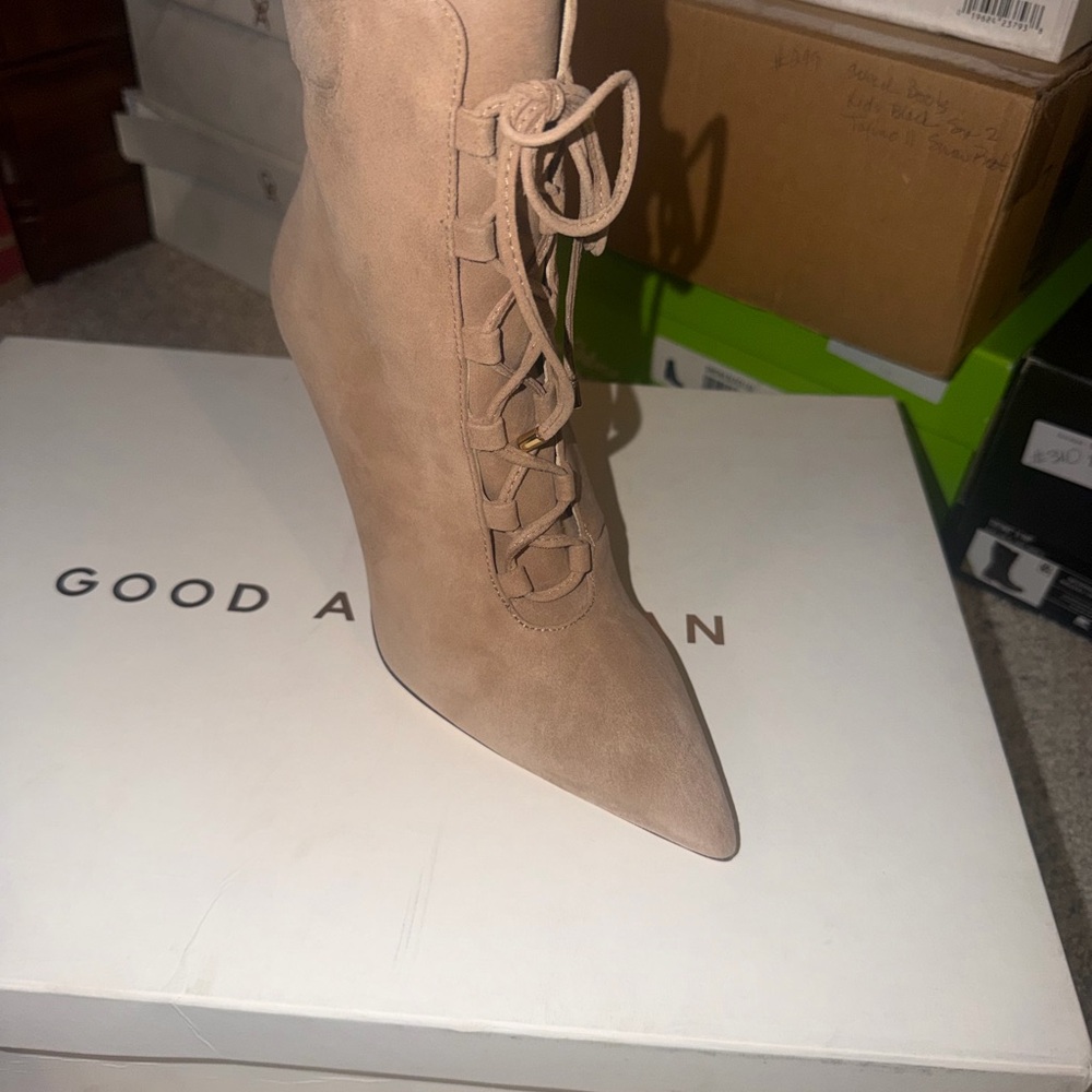 Good American Suede Lace-Up Stiletto Ankle Boots color Stone - Picture 8 of 16